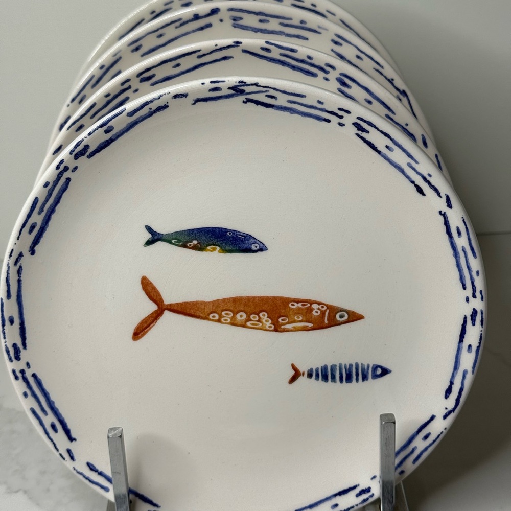 4 Papart Seramik 8” SALAD PLATES Fish Coastal Nautical Hand Painted Turkey New